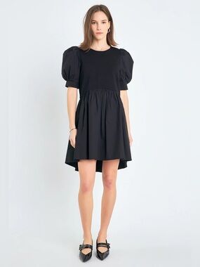 🌻English Factory Black Pleated Puff Sleeve Mini Dress | Size Medium